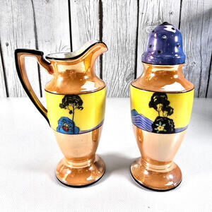 Noritake Lusterware Creamer & Muffineer Japan Lustre Hand Painted Sugar Shaker